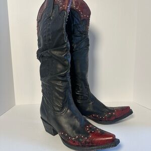 Western cowboy Black and Red Heeled Boots. Women’s size 8. Leather. Cowgirl.